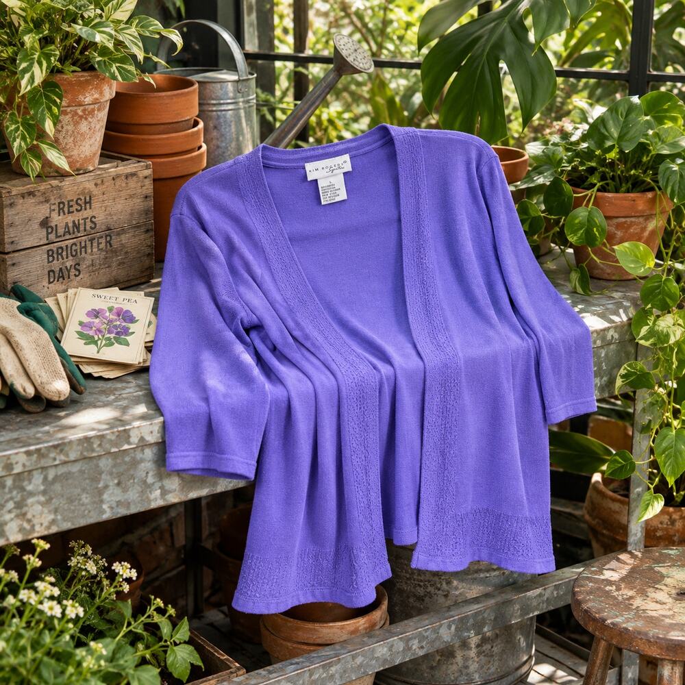 Kim Rogers Signature Purple Open Front Cardigan Size L 3/4 Sleeve